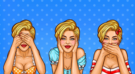 Vector illustration of a pop art blond women closed their eyes, ears, mouth with their own hands. The concept does not see, I do not hear, I will not say © vectorpocket
