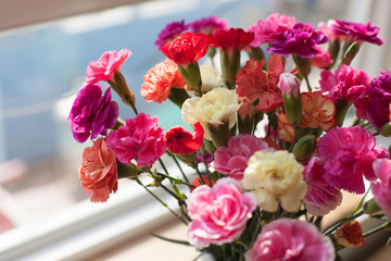 Indoor flower on the windowsill. white vase, pot. curtains tulle