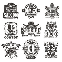 Set of wild west logos, badges with cowboy and attributes of the wild west isolated on white