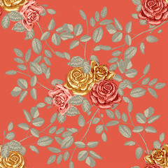 Yellow roses on a red background. Seamless floral vector pattern. Template for printing onto fabric, wrapping paper, textiles.  Limited palette