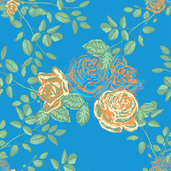 Roses on a blue background. Seamless floral vector pattern. Template for printing onto fabric, wrapping paper, textiles.  Limited palette