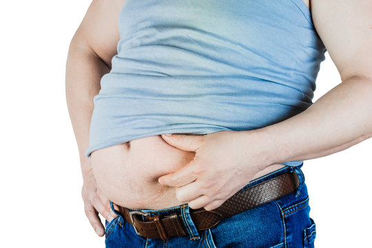 The belly of a fat man isolated on white background. Weight Loss.