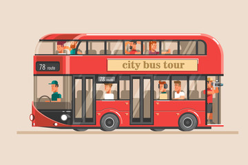 People go on the red tourist bus and take pictures of landmarks. 3d vector illustration.