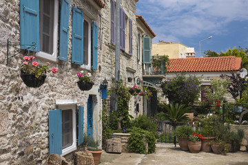 Street scene of historical stone houses Foça İzmir Turkey