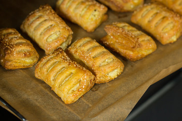 Fried patties with puff pastry cheese. Bakery products.