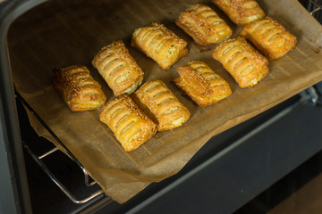 Fried patties with puff pastry cheese. Bakery products.
