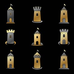 Ancient Forts emblems set. Heraldic Coat of Arms decorative logos isolated vector illustrations collection.