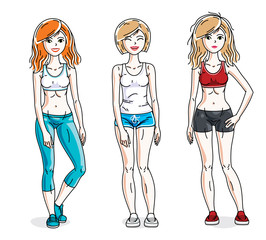 Attractive young women standing wearing stylish sport clothes. Vector people illustrations set.