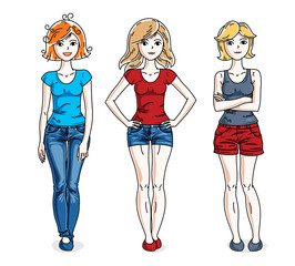 Young beautiful women group standing wearing casual clothes. Vector characters set. Fashion and lifestyle theme cartoons.