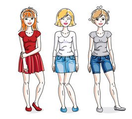 Fototapeta na wymiar Happy young women posing in stylish casual clothes. Vector people illustrations set.