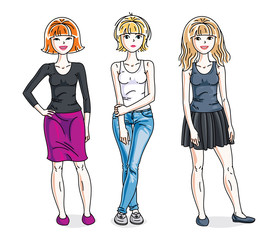 Happy young women posing in stylish casual clothes. Vector people illustrations set.