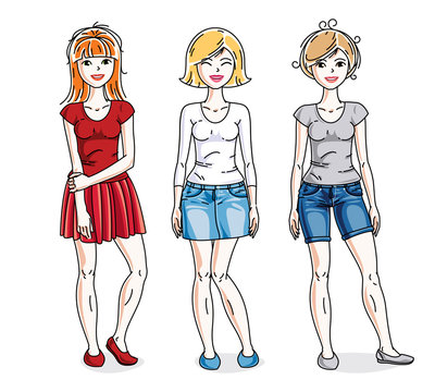 Happy young women posing in stylish casual clothes. Vector people illustrations set.
