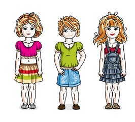 Cute little girls standing in stylish casual clothes. Vector kids illustrations set.