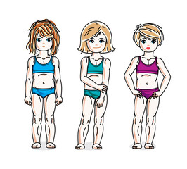Cute happy little girls posing wearing colorful bikini. Vector kids illustrations set.