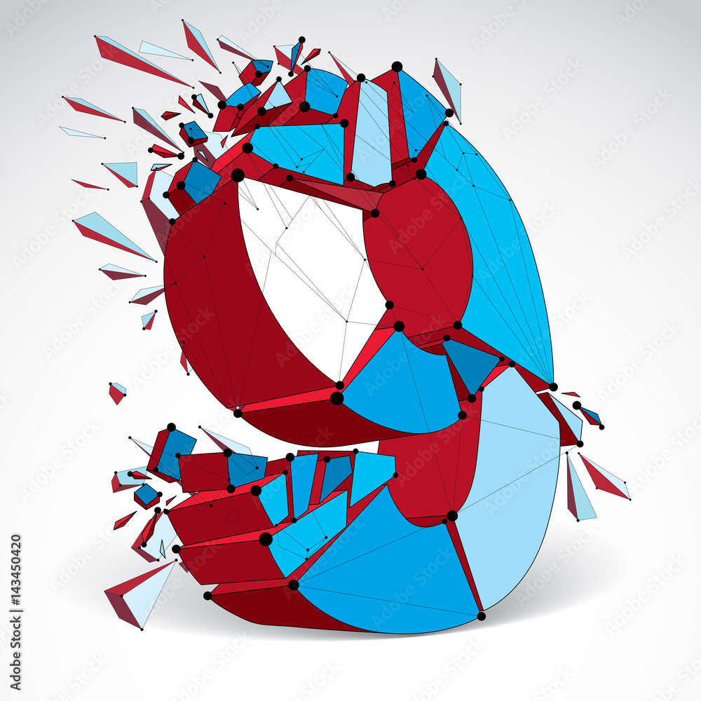 Poster abstract vector low poly wrecked number 9 with black lines and dots connected. 3d origami colorful f