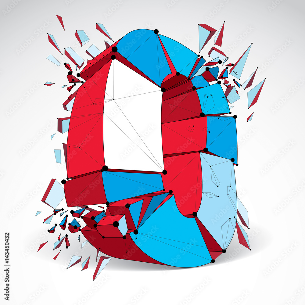 Fototapete abstract 3d faceted zero number with connected black lines and dots. vector low poly shattered desig