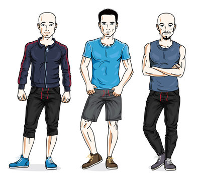 Happy men group standing wearing stylish sport clothes. Vector diverse people illustrations set. Lifestyle theme male characters.