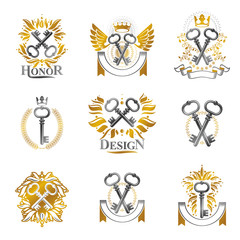 Fototapeta na wymiar Old Turnkey Keys emblems set. Heraldic vector design elements collection. Retro style label, heraldry logo.