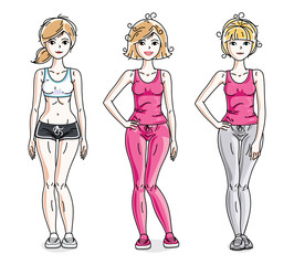 Attractive young women posing wearing stylish sport clothes, sportswoman and fitness people. Vector characters set.
