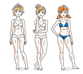 Happy attractive young women standing in colorful bikini. Vector people illustrations set. Slim female with perfect body.