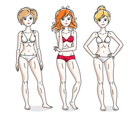 Happy attractive young women standing in colorful bikini. Vector people illustrations set.