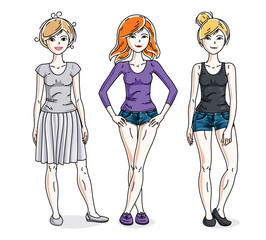 Young beautiful women group standing wearing casual clothes. Vector characters set. Fashion and lifestyle theme cartoons.
