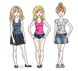 Young beautiful women group standing in stylish casual clothes. Vector characters set.