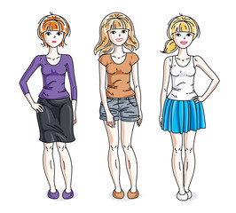 Happy pretty young women standing wearing casual clothes. Vector set of beautiful people illustrations. Fashion and lifestyle theme cartoons.