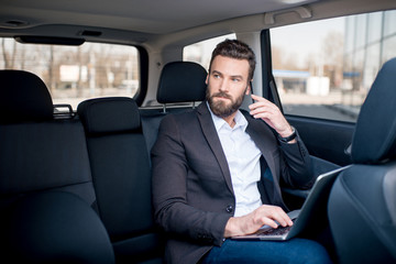 Fototapeta na wymiar Handsome businessman talking with phone sitting with laptop on the backseat of the car