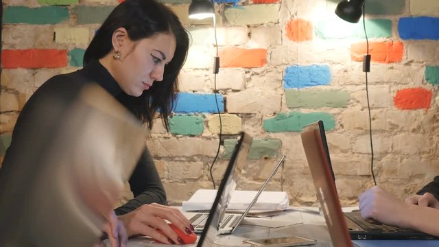 Young brunette working on the laptop in the modern office