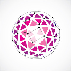 3d vector digital wireframe spherical object made using triangular facets. Geometric polygonal structure created with lines mesh. Low poly shape, purple lattice form for use in web design.