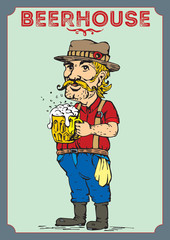 Vector image of a happy man with a hat drinking beer .A man with a pint in hand, toast.