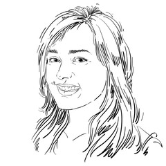 Monochrome vector hand-drawn image, smiling glad young woman. Black and white illustration of jolly sincere girl with delicate features.