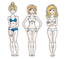 Happy attractive young women standing in colorful bikini. Vector people illustrations set. Slim female with perfect body.