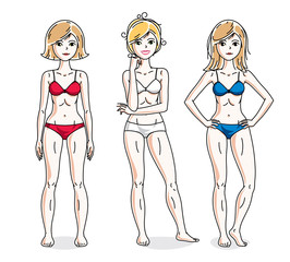 Happy attractive young women standing in colorful bikini. Vector people illustrations set.