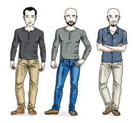 Happy men standing in stylish casual clothes. Vector set of beautiful people illustrations.