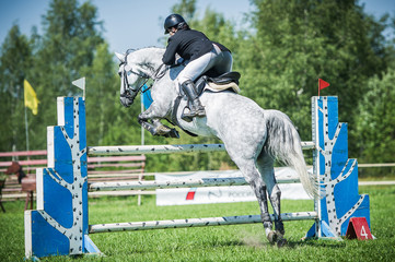 The rider on the white show jumper horse overcome high obstacles in the arena for show jumping on background blue sky