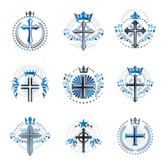 Christian Crosses emblems set. Heraldic Coat of Arms decorative logos isolated vector illustrations collection.