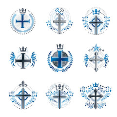 Christian Crosses emblems set. Heraldic Coat of Arms decorative logos isolated vector illustrations collection.