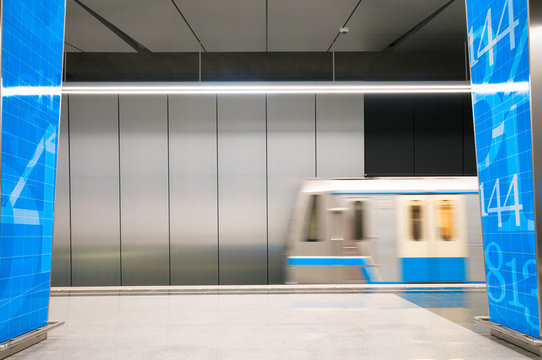  Arriving subway train at metro station 