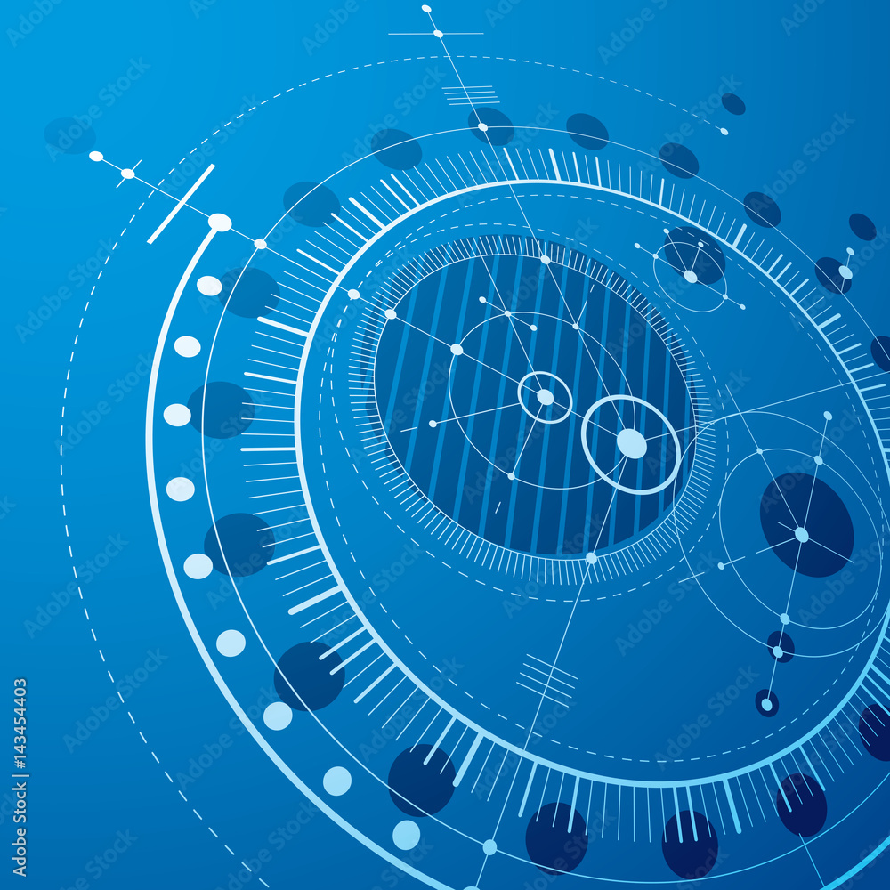 Poster three-dimensional mechanical scheme, blue vector engineering drawing with circles and geometric part