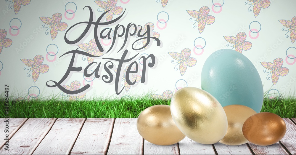 Poster happy easter text with easter eggs in front of pattern