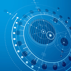Three-dimensional mechanical scheme, blue vector engineering drawing with circles and geometric parts of mechanism. Technical plan can be used in web design and as wallpaper.
