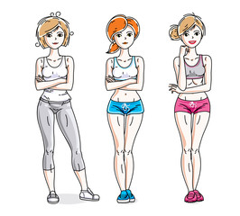 Happy young women posing wearing stylish sport clothes, sportswoman and fitness people. Vector set of beautiful people illustrations.