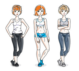 Happy young women posing wearing stylish sport clothes, sportswoman and fitness people. Vector set of beautiful people illustrations.