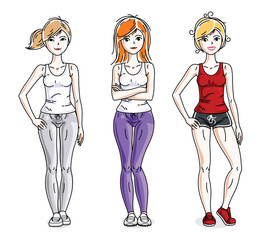 Happy young women posing wearing stylish sport clothes, sportswoman and fitness people. Vector set of beautiful people illustrations. Lifestyle theme fem characters.