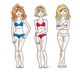 Young beautiful women standing wearing colorful bikini. Vector diversity people illustrations set.