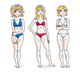 Young beautiful women standing wearing colorful bikini. Vector diversity people illustrations set.
