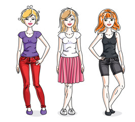 Happy young women group standing wearing casual clothes. Vector diversity people illustrations set. Fashion and lifestyle theme cartoons.