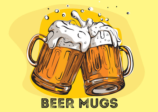 Vector image of two mugs of beer. Drinks with a lot of foam.
